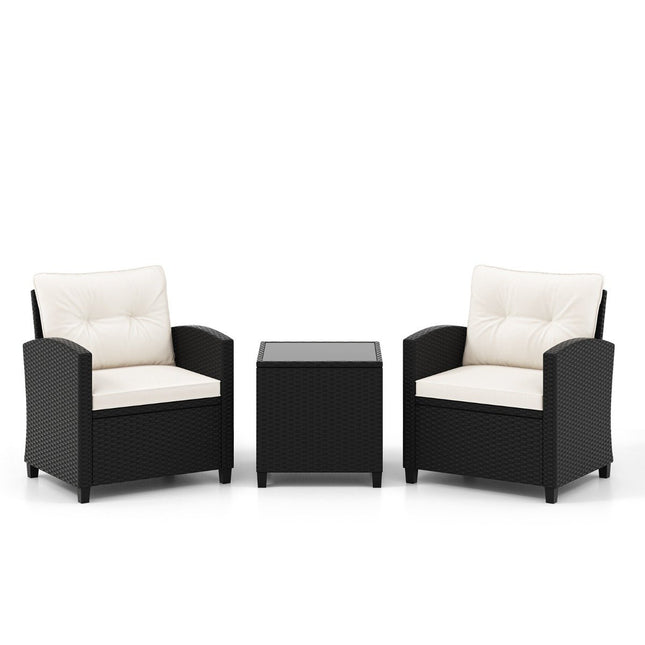 3-piece rattan garden furniture set including 2 armchairs and 1 side table, seating set with cushions, white