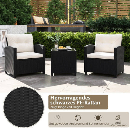 3-piece rattan garden furniture set including 2 armchairs and 1 side table, seating set with cushions, white