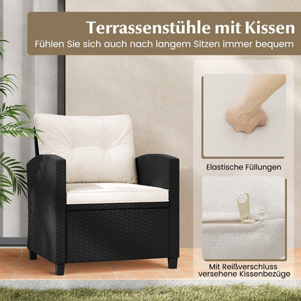 3-piece rattan garden furniture set including 2 armchairs and 1 side table, seating set with cushions, white