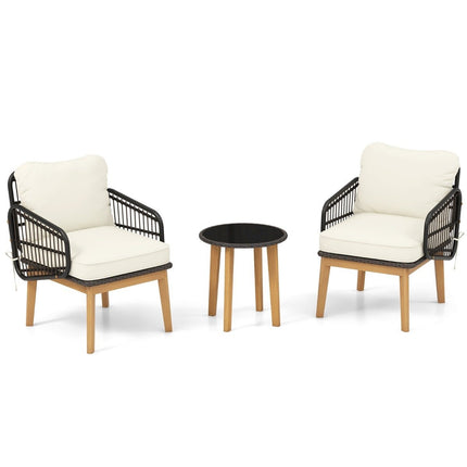 3-piece rattan patio furniture set garden seating set 2 wicker chairs & glass side table & cushions