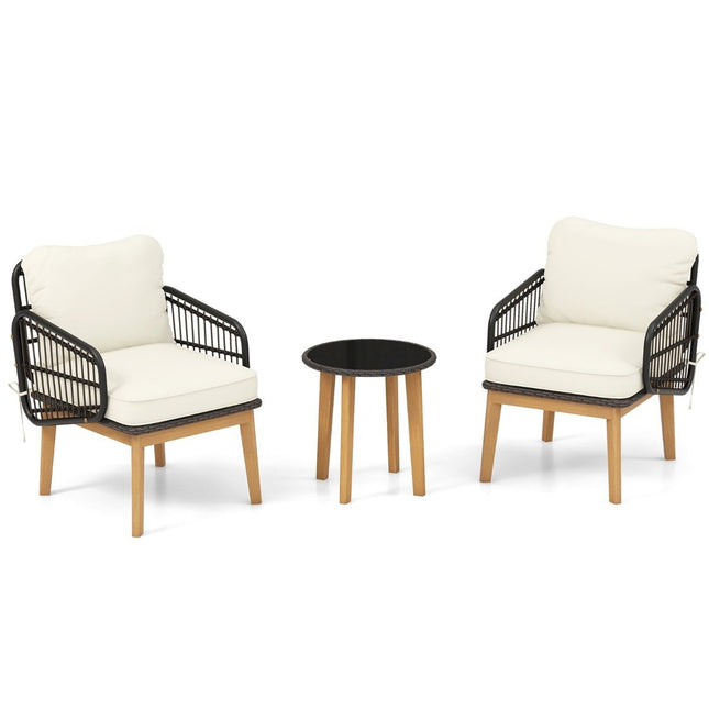 3-piece rattan patio furniture set garden seating set 2 wicker chairs & glass side table & cushions