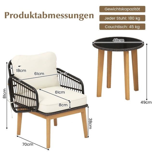 3-piece rattan patio furniture set garden seating set 2 wicker chairs & glass side table & cushions