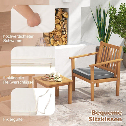 3 pieces Acacia wood patio furniture set 2 garden chairs with cushions & coffee table bistro set