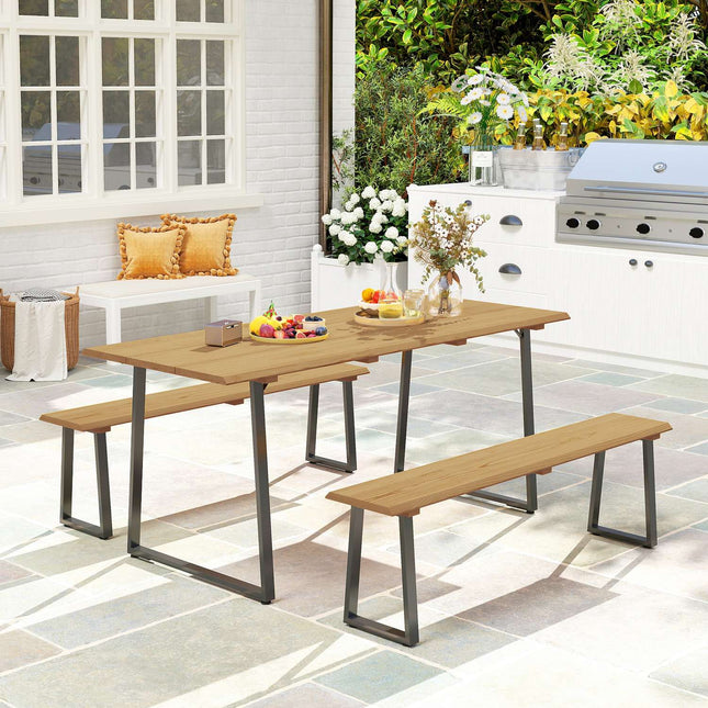 Wooden dining room set for 6 with table, benches and umbrella hole