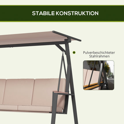 3-seater Khaki swing bench with cushions and roof, 300 kg