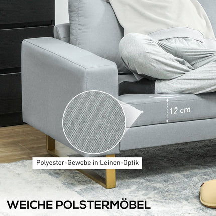 3-seater sofa, couch with solid wood frame, metal legs, simple design, light grey