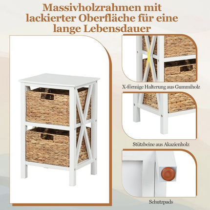 3-tier bedside table with 2 seagrass baskets & X-Design narrow side table 36 x 30 x 57 cm white