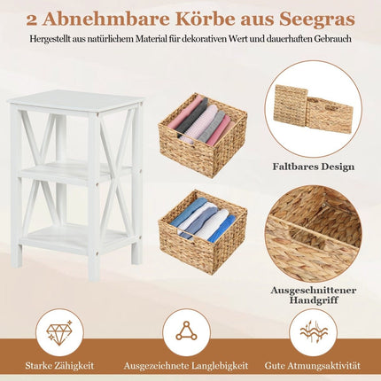 3-tier bedside table with 2 seagrass baskets & X-Design narrow side table 36 x 30 x 57 cm white