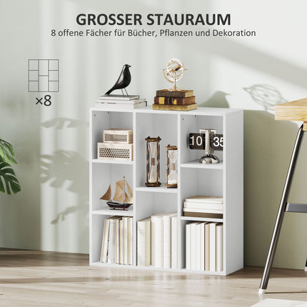 3-Tier Bookshelf, 8 Compartments, White Particleboard
