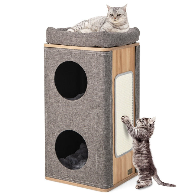 3-tier cat cave with scratching board & 3 mats play barrel for cats up to 20 kg gray + natural