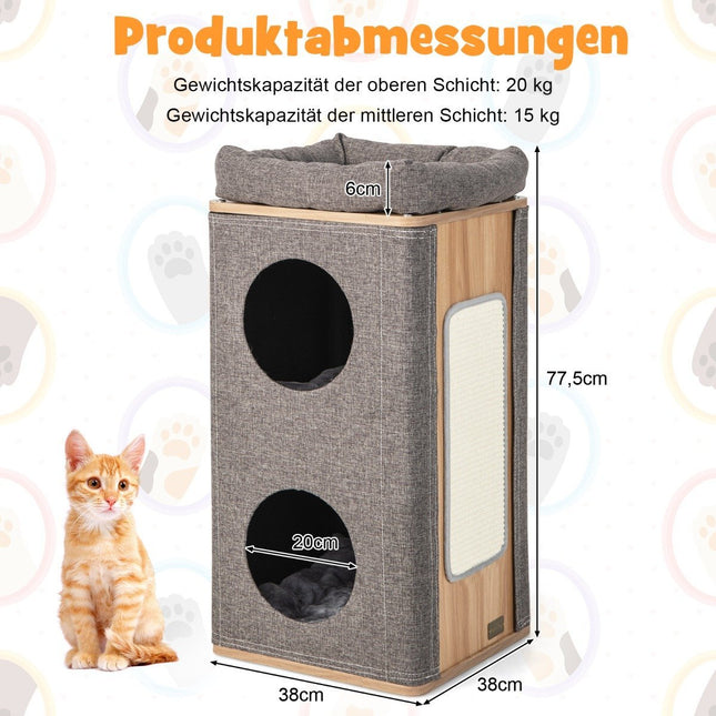 3-tier cat cave with scratching board & 3 mats play barrel for cats up to 20 kg gray + natural