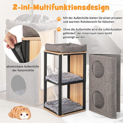 3-tier cat cave with scratching board & 3 mats play barrel for cats up to 20 kg gray + natural