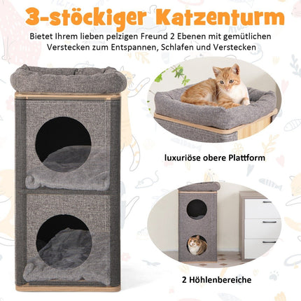 3-tier cat cave with scratching board & 3 mats play barrel for cats up to 20 kg gray + natural