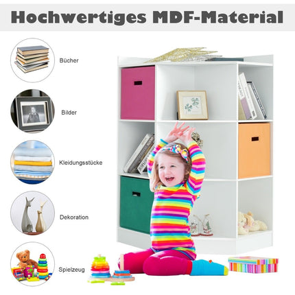 3-tier children's shelf with 6 open shelves and 3 colored baskets 81 x 61 x 94 cm white