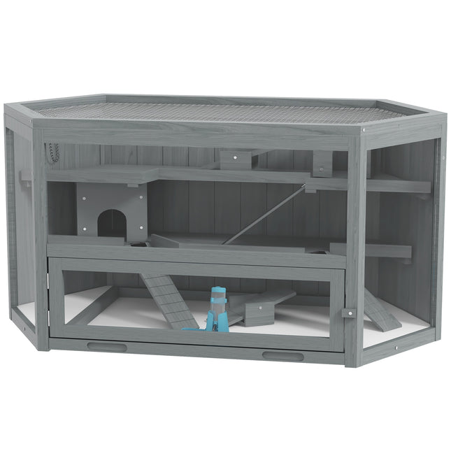Hexagonal wooden rodent cage with folding lid, 115x60x55 cm
