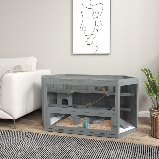 Hexagonal wooden rodent cage with folding lid, 115x60x55 cm