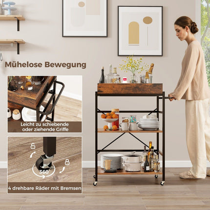 3 tier serving trolley kitchen trolley with removable tray & handle 73 x 40 x 94 cm brown + black