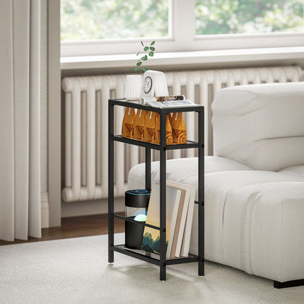 3-tier shelf with glass shelves, 18 cm wide, steel frame, crossbars, black