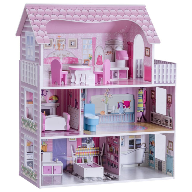 3 tier wooden dollhouse dollhouse with furniture & accessories doll villa girl pink