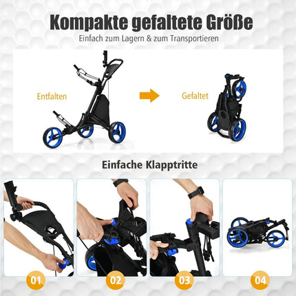 3-wheel folding golf trolley with scoreboard & umbrella & T-piece holder black + blue