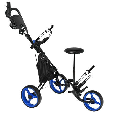 3 wheel golf trolley made of aluminum with umbrella holder & seat folding golf cart golf caddy blue