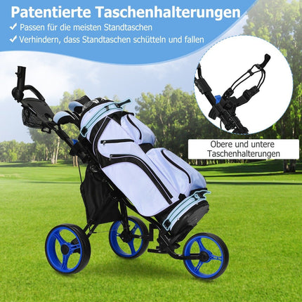 3 wheel golf trolley made of aluminum with umbrella holder & seat folding golf cart golf caddy blue