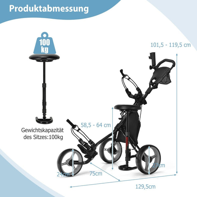 3-kołowy wózek golfowy wykonany z aluminium z uchwytem na parasol i składanym siedziskiem wózek golfowy, szary