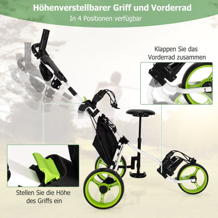 Green 3 Wheel Golf Cart with Folding Seat & Umbrella Holder