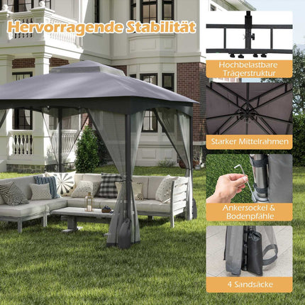 3x3 m Gazebo with Mosquito Net, Double Roof, Grey