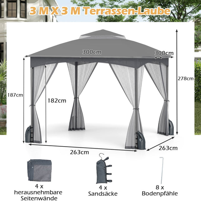3x3 m Gazebo with Mosquito Net, Double Roof, Grey