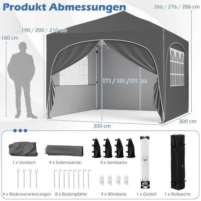 3x3 m Pop-Up Gazebo with 4 Removable Walls, Grey