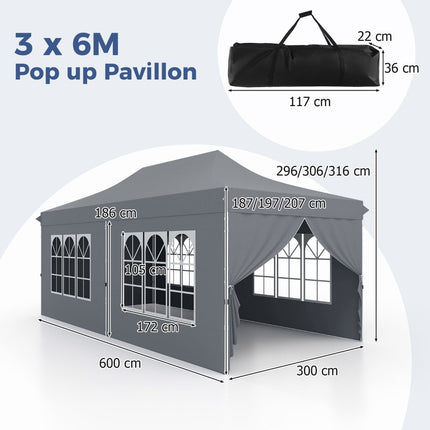 3x6m Grey Pop-Up Canopy Tent with 6 Removable Walls