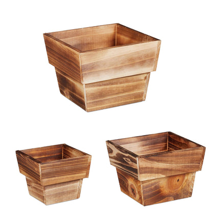 3x Wooden Square Plant Pots