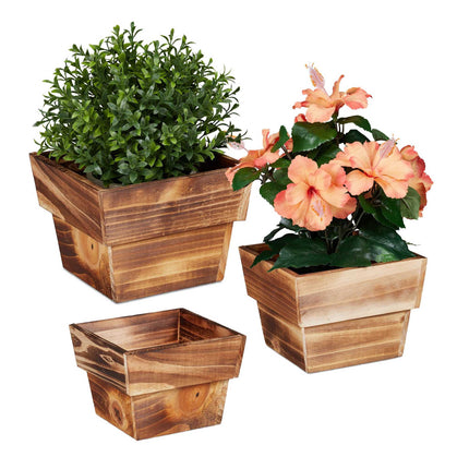 3x Wooden Square Plant Pots