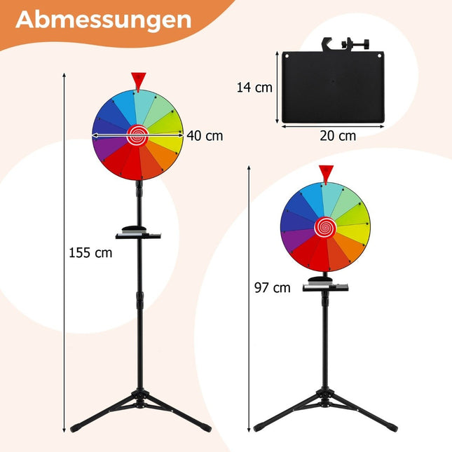 Ø 40 cm wheel of fortune with tripod floor stand. Height-adjustable prize wheel with shelf