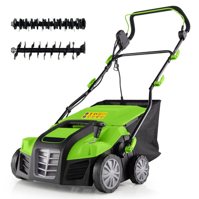 41cm Electric Scarifier &amp; Lawn aerator 15A 2-in-1 lawn scarifier with 3-position height adjustment green