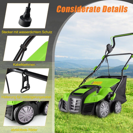 41cm Electric Scarifier &amp; Lawn aerator 15A 2-in-1 lawn scarifier with 3-position height adjustment green