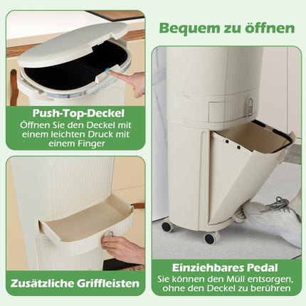 42L Kitchen Trash Bin with Lid, 3 Compartments, Wheels