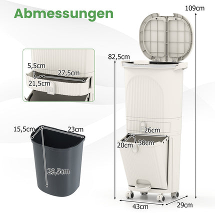 42L Kitchen Trash Bin with Lid, 3-Tier Sorter, Beige
