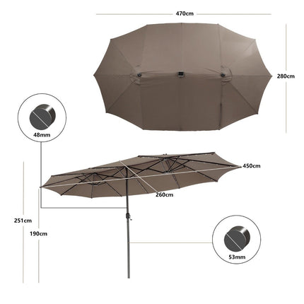 470cm Large Double Patio Umbrella with 48 Solar LED Lights & Crank Outdoor Umbrella Brown