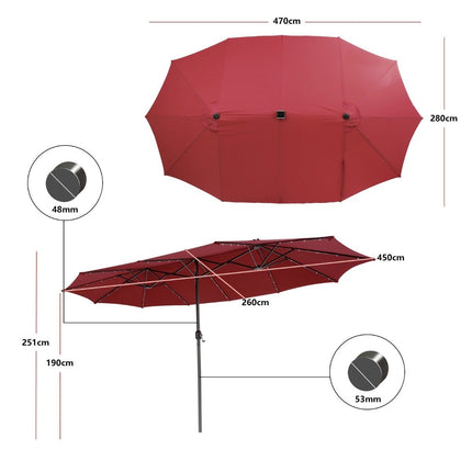 470cm Large Double Patio Umbrella with 48 Solar LED Lights & Crank Outdoor Umbrella Red