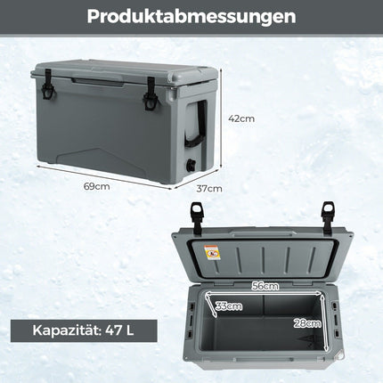 47L insulated box cool box portable heat container with bottle opener and drainage system 69 x 37 x 42 cm gray