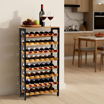 48-Bottle Freestanding Wine Rack, 8-Tier Iron, Wood Top