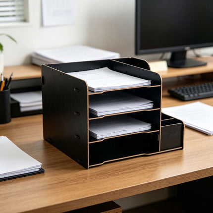4-Compartment MDF Desk Organiser, Wood-Effect Finish