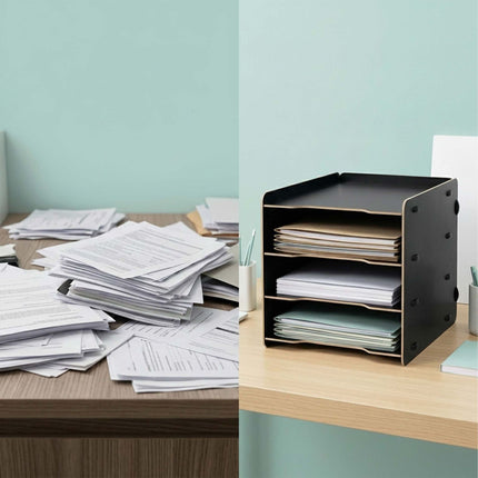 4-Compartment MDF File Tray – Wood-Effect, Black