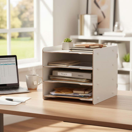 4-Compartment MDF File Tray – Wood-Effect, Black