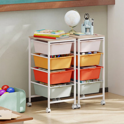 4-Drawer Rolling Storage Cart with Wooden Top and Lockable Wheels