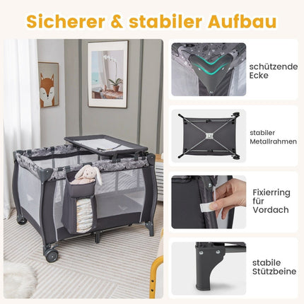 4 IN 1 Baby Bed Portable Side Bed Travel Bed with Foldable Mattress & Changing Table Light Gray