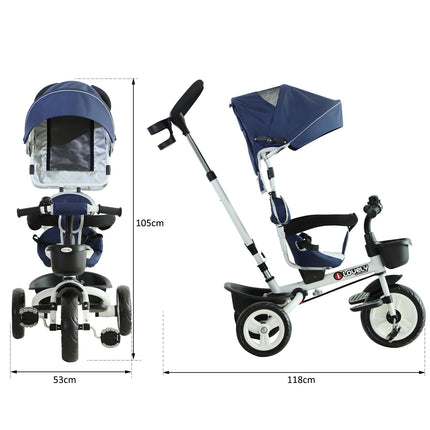 Blue 4-in-1 tricycle for children with safety belt and hood