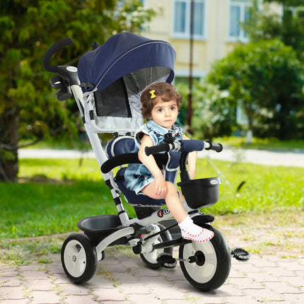 Blue 4-in-1 tricycle for children with safety belt and hood